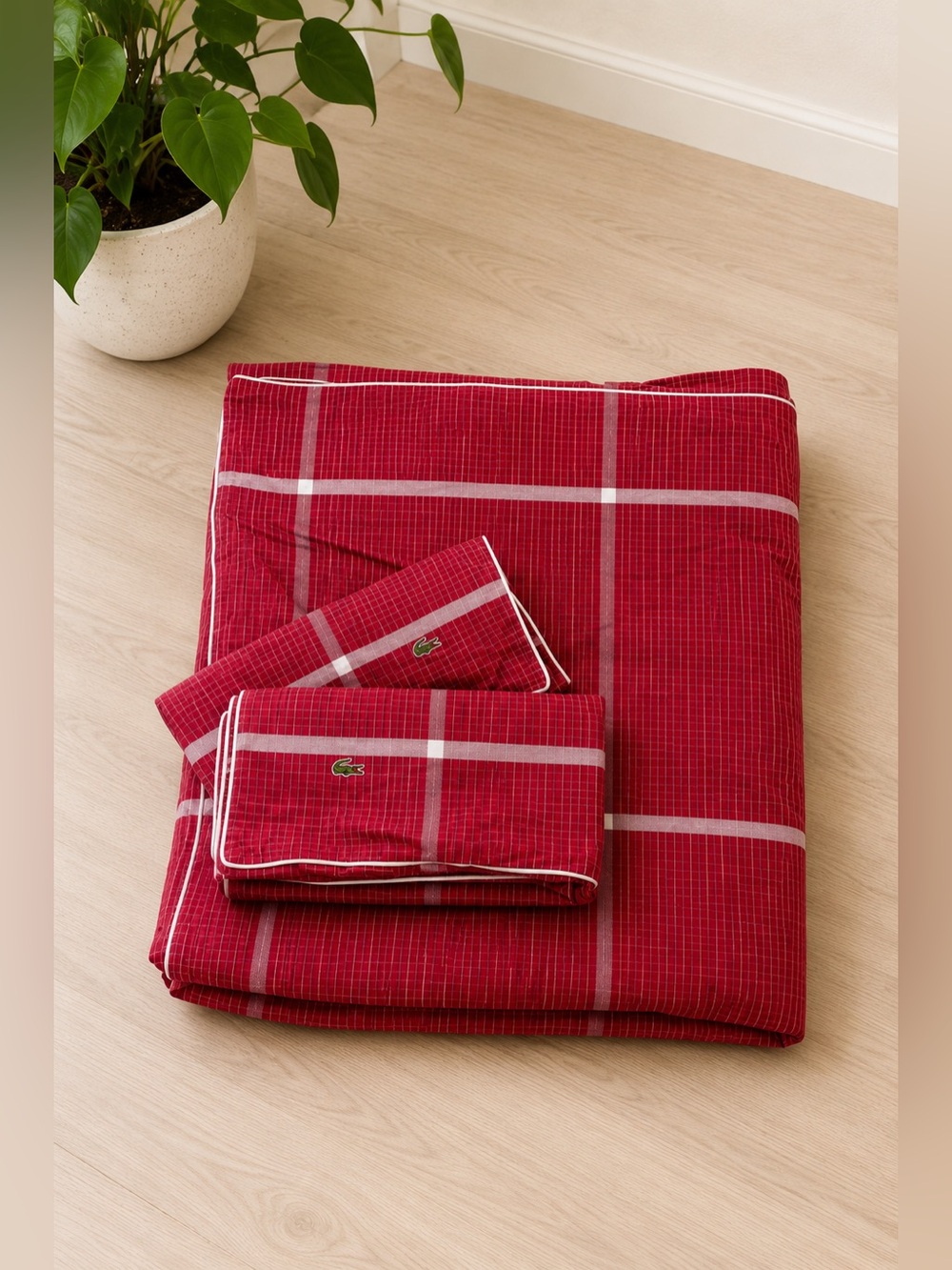 Lacoste Red Chili Pepper Check Queen Duvet Cover + 2‎ Shams Preppy Heritage